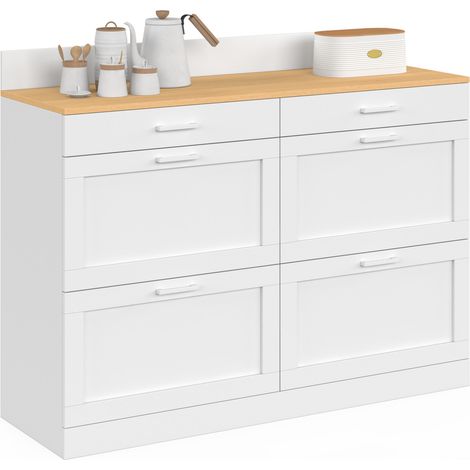 Idmarket – Buffet bas de cuisine 120 cm – Casserolier avec 1 porte et 3 tiroirs – Plan de travail H.83 cm – Blanc et bois hêtre