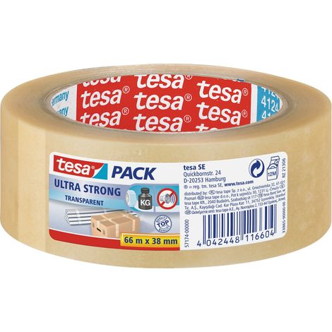 Tesa tesapack Ultra Forte, Nastro Adesivo d'Imballaggio in PVC Solido e Sicuro, Transparent, 66 m x 38 mm