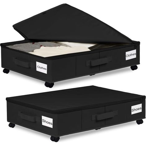 Boîte de rangement sous lit avec roulettes silencieuses, organiseur pliable anti-poussière en tissu Oxford 600D pour vêtements, chaussures et jouets (Noir, petite taille)
