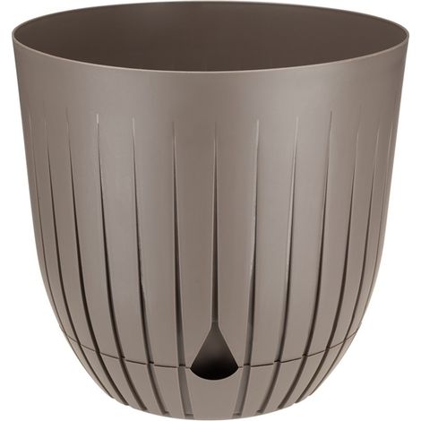 Vaso da fiori in plastica BRITTA con sottovaso, misura 4, diametro 26 cm, motivo a coste e scanalature, plastica, colore tortora, beige-marrone, opaco (1/4)