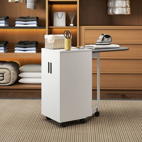 Tabla de planchar 2 en 1, plegable, con ruedas, estante ajustable y bisagras, color blanco.