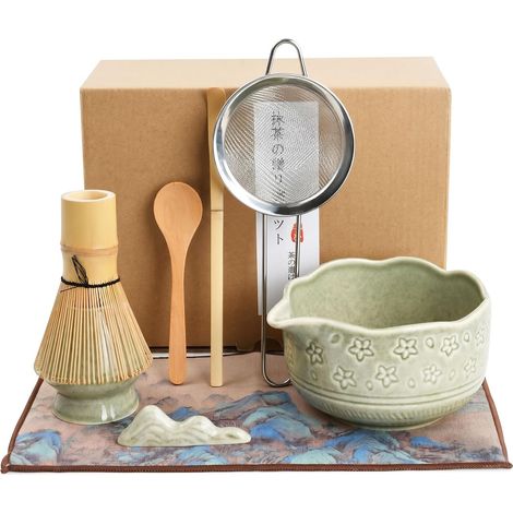 Kit Matcha 8 Pièces, Service à Thé Japonais avec Bol 550ml, Fouet en Bambou, Support Fouet, Cuillère, Tamis, Porte-Chashaku et Chiffon, Set Cérémonie Matcha pour Débutants (1/5)