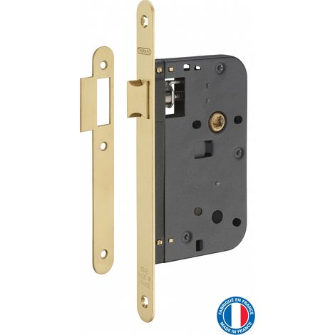 Thirard – Serrure encastrable 60mm pour porte intérieure – Laiton poli verni – 1/2 tour réversible – Gâche plate – Dimensions 88.5x145mm