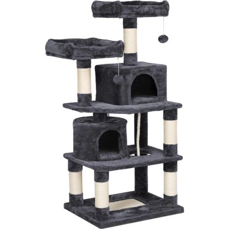 Arbre à Chat 60 x 48 x 145 cm Gris Foncé Griffoir 2 Niche 2 Perchoirs 2 Boules de Peluche (1/5)