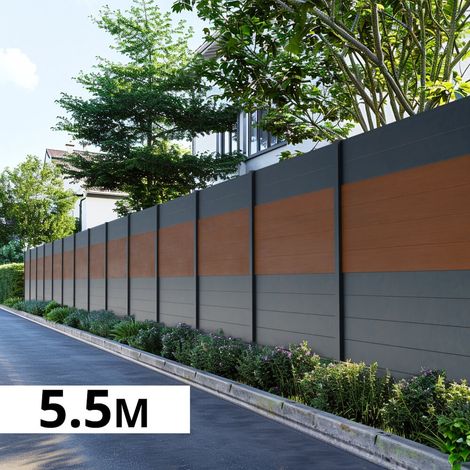 Kit Clôture Aluminium BAHIA & CRUZ Teck 5,5x1,8m - Bois Composite & Aluminium - Poteaux Gris - Brise Vue - Palissade
