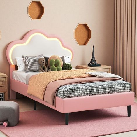 Bett Kind - 90x200 cm - Kopfteil Wolke LED - Kiefernholz Natur - Rosa und Weiße Leder