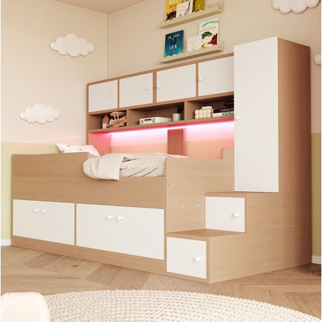 Letto a soppalco per bambini 90x200 cm con illuminazione a LED, contenitore, armadio e mensole, in legno naturale. (1/5)