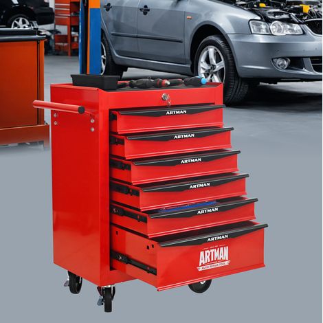 Carrello portautensili in acciaio rosso e nero 52,5x33x77,5 cm, 6 cassetti - MEUBLIV (1/5)