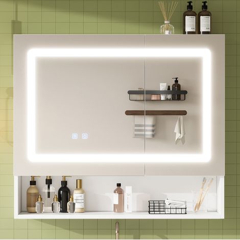 Armadio specchio bagno LED con antiappannamento 80x17x70 cm bianco, OKMYHOME (1/5)