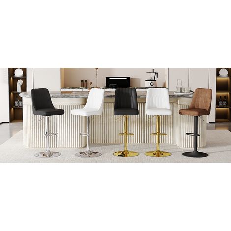 Taburetes de bar regulables en altura (juego de dos), giratorios 360°, con respaldo de piel sintética blanca y diseño acolchado, y patas de metal plateado. Ideales para islas de cocina y barras de bar (1/5)