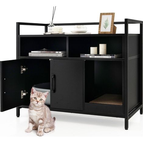 Housing for cat toilet cat cabinet with double doors & scratching pad 89 x 45 x 74.5 cm black (1/5)