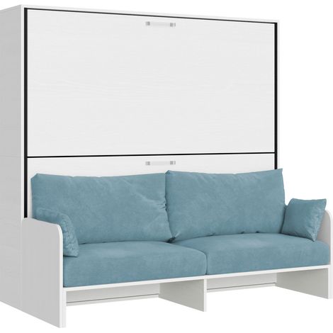 Letto doppio a scomparsa Kando con divano con materassi bianco frassino, azzurro