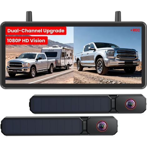 Dual Caméra de Recul sans Fil Solaire, Écran HD 7,2" Split Double Antenne, Large Couverture, DVR, Camping-Car Camion Caravane Remorque (1/5)