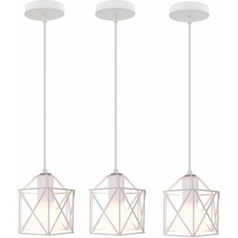 Suspension Luminaire Lot de 3 Industrielle en Métal Cage Cube Vintage Lustre Abat-jour Plafonnier E27 Salon Chambre Cuisine, 15CM, Blanc - Blanc BLOW (1/4)