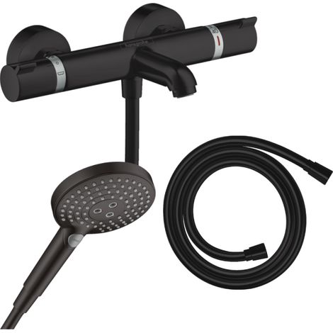 HANSGROHE Pack mezclador termostático para baño-ducha Ecostat Comfort + flexo Isiflex + rociador Raindance Select 3 chorros negro mate