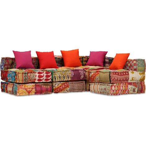Vidaxl – Pouf modulaire 4 places en tissu coton – Dimensions 200x132x58 cm – Rembourrage épais – 5 oreillers inclus – Design patchwork unique