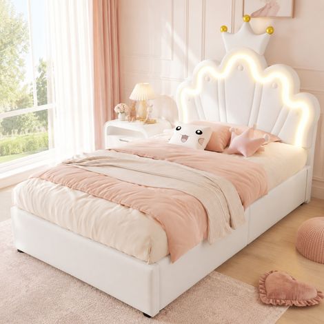 Cama tapizada 90 x 200 cm en cuero regenerado blanco, con cabecero ajustable, LED y almacenaje hidráulico, diseño corona para dormitorio elegante - CHICFURN (1/5)