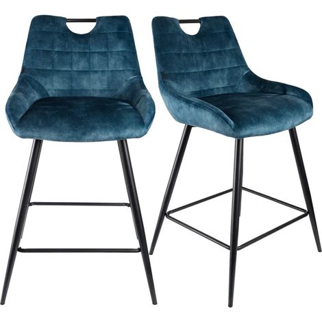 Lot 2 tabourets de bar en velours bleu canard pied métal noir - BRANDY (1/5)