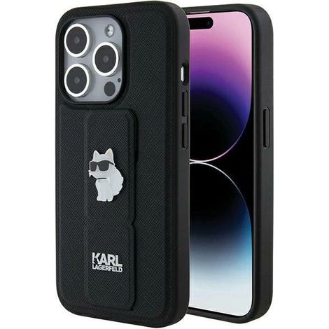 Karl Lagerfeld KLHCP14LGSACHPK iPhone 14 Pro 6.1 negro/negro estuche rígido Gripstand Saffiano Choupette Pins (1/5)