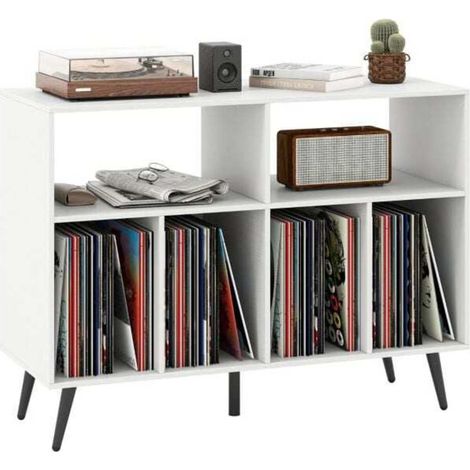 3 niveaux, support platine vinyle avec rangement, meuble vinyle 4 étagères et 2 niches, 5 pieds en métal (1/5)