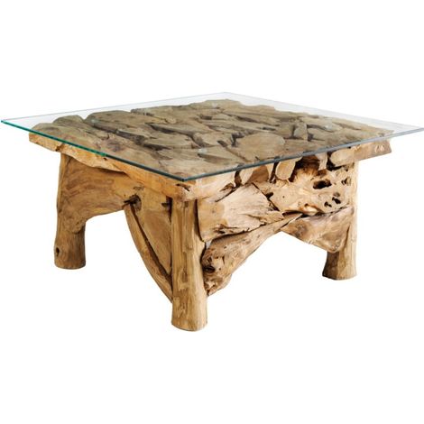 Mesa baja cuadrada DRIFTA 80 cm en teca maciza y vidrio templado – Pieza única artesanal (1/5)
