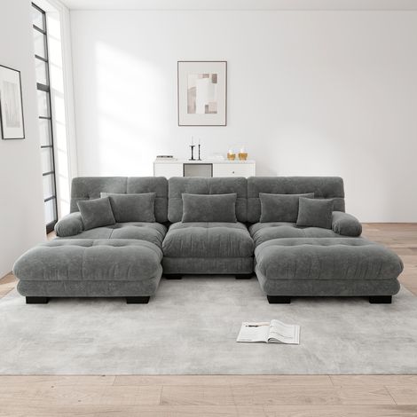 Divano angolare modulare a U 313 x 145 x 81 cm in ciniglia grigia con ottomani DESVIAE (1/5)