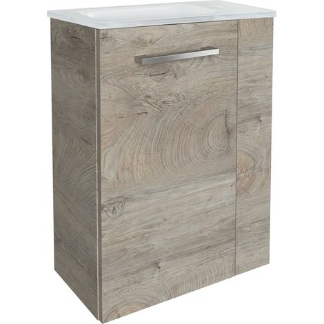 Fackelmann STANFORD SBC Gäste-WC Set 2 Teile – Waschtischunterschrank in Holz Braun mit Waschbecken aus Glas in Weiß – Waschbeckenunterschrank schmal – Türanschlag links – 45 cm breit"-"90090145 (1/5)