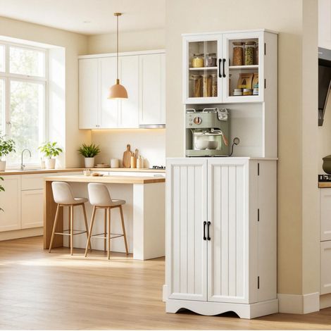 Meuble de cuisine avec 4 portes, plan de travail, étagères réglables sur 3 niveaux, rangement pour cafetière et grille-pain, MDF blanc et acrylique, 60 x 39,5 x 179,6 cm  CHICFURN (1/5)