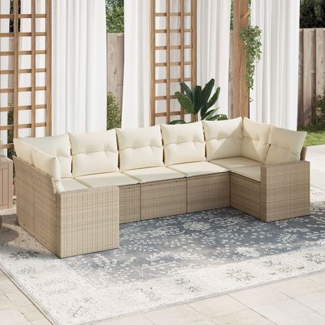 Canapé d'angle extérieur 7 places en résine tressée beige avec coussins lavables – salon de jardin modulaire résistant aux UV (1/3)
