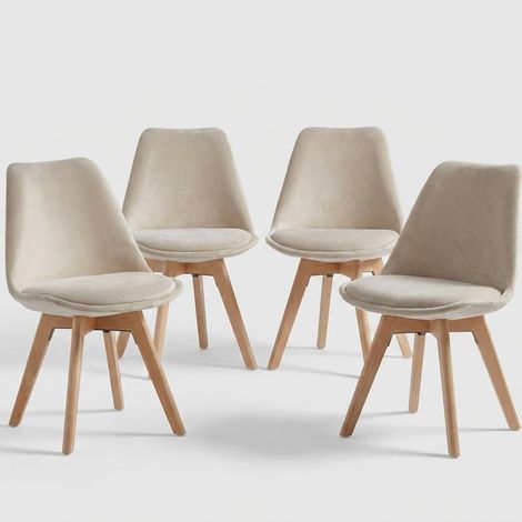 Set 4 sedie imbottite in velluto con gambe in legno Layla - Ecrù (1/5)