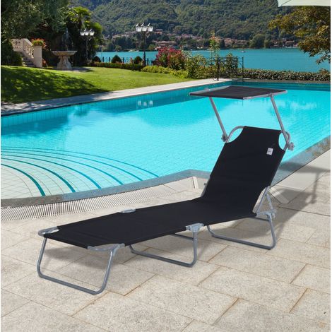 Tumbona de jardín 187x58x36 cm negra de metal plegable con parasol (1/5)
