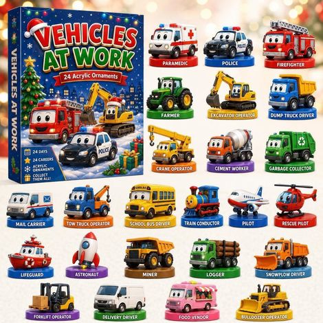 Calendrier de l'Avent 2026 sur le thème des véhicules de transport, 24 décorations de compte à rebours à suspendre en acrylique, Noël amusant sur le thème des véhicules Véhicule de travail de dessin a (1/3)