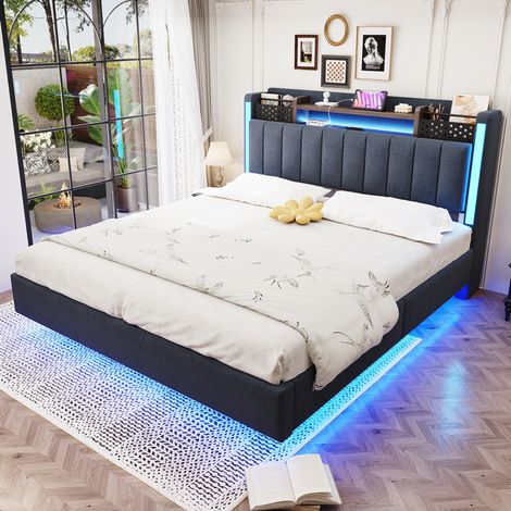 MODFU – Cama de matrimonio 140x200 cm con LED, USB, almacenamiento en cabecero y efecto flotante, tapizado de tela – Gris (1/5)