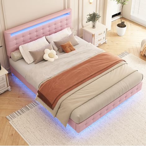 Cama dormitorio flotante 140x200 con LED rosa OKMYHOME (1/5)