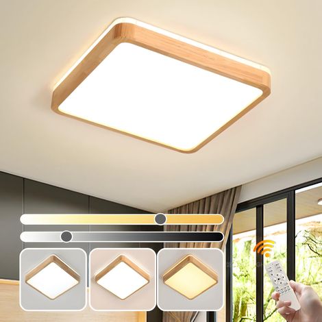 Plafonnier LED Bois, Lampe Carrée en Bois Naturel Lueur 360° Intensité variable avec télécommande 2700K-6500K, 48W Salon, salle à manger, couloir, maison, bureau, chambre d'enfant (Ø50cm) (1/5)