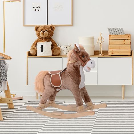 Cheval à Bascule Cheval de Cowboy Selle Grand Confort pour Enfants de 36+Mois Peluche Courte Douce Bois peuplier Charge 40 Kg Marron (1/5)