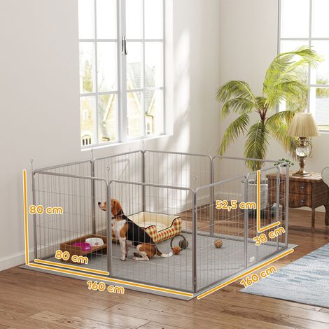 Parc pour chiots argent métal hauteur 80cm huit panneaux sangle porte, enclos modulable petits moyens chiens lapins cochons d’inde (1/5)