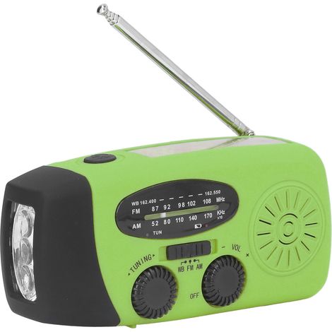 Radio solaire à manivelle, radio d'urgence multifonctionnelle avec lampe torche LED intégrée, idéale pour le camping et les activités de plein air (Green America). (1/5)