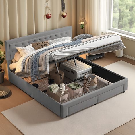 Polsterbett 180x200 cm, Doppelbett mit hydraulisch und Stauraum, Modernes Jugendbett, Bettgestell mit genietetem Kopfteil und Lattenrost, Velour Grau, Ohne Matratze