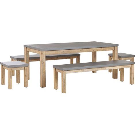 Set de Jardin Tendance et Moderne 8 places Table avec Deux Bancs et Deux Tabourets Gris en Fibre-Ciment et Bois d'Acacia Pour Extérieur