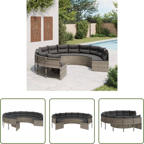 Rundes Gartensofa -  Gartensofa mit Kissen Rund Grau Poly Rattan (1/5)