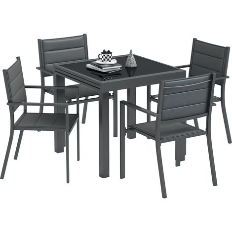 Salon de jardin en aluminium et textilène table extensible 4 chaises empilables 4 personnes gris (1/5)