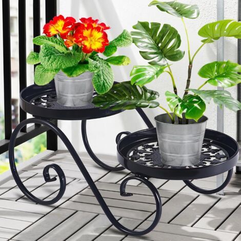 Support à plantes 2 niveaux noir en métal – Antirouille – Étagère pour intérieur et extérieur – Capacité 22 lb par niveau – Décoration moderne (1/5)