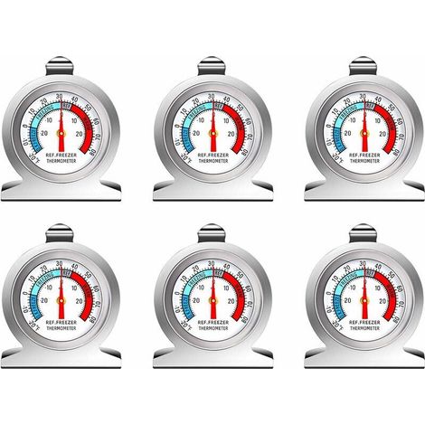 6 PCS Thermomètre Réfrigérateur Grand Cadran en Acier Inoxydable de Température pour Congélateur Refroidisseur avec Crochet Suspension et Support (1/4)