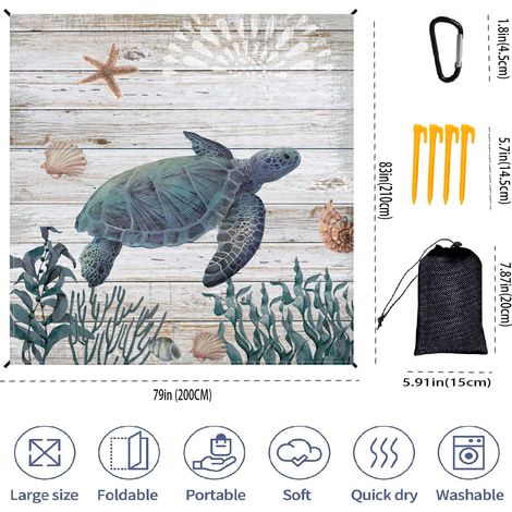 Tapis de plage 200x210 cm tortues et étoiles de mer - Anti-sable imperméable - Pour plage camping pique-nique - Housse filet noir (1/5)