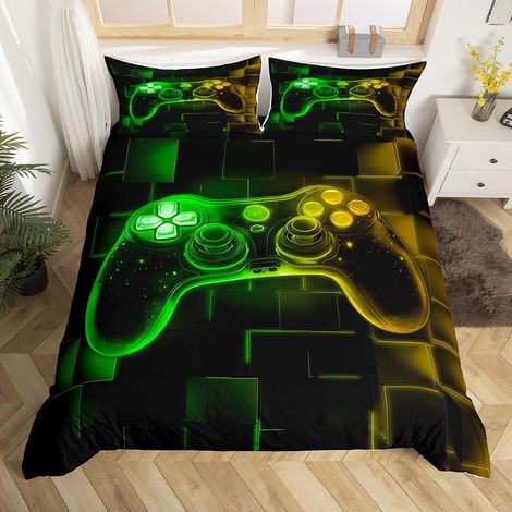 Housse de Couette 140x200 Garcon Gaming, Parure de Lit Enfant Gamer Decoration Chambre Ado, Sets de Housses de Couettes Jeux Vidéo, Couvre Lit Carrée Géométrique Lumineuse Au Néon - 140x200cm + 1 Taie (1/5)