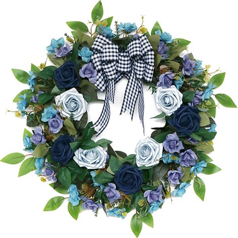 Beachten Sie den künstlichen Rosenkranz/die Fensterdekoration - nebliges Blau (Materialien: Seidenblumen, PE-Rosen, Schleife, Weinrebenkranz, Größe: ca. 45 cm Durchmesser). (1/2)