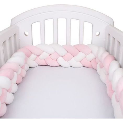 3M Babybettumrandung, 4-strängiges Schlangenkissen, geflochtenes Samtkissen, Babyschutz, Weiß + Weiß + Rosa + Rosa