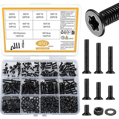 450 Pieces M3 Screws and Nuts, M3 Screws Bolts and Nuts with Washers, Countersunk Screws, Torx Countersunk Bolts, Flat Head Machine Screws and Washers Assortment