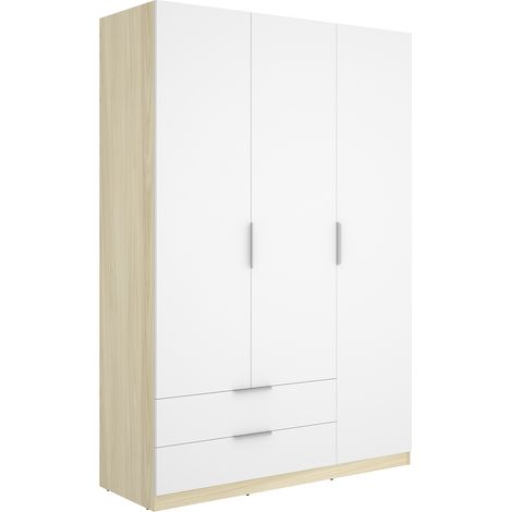 Armoire placard de rangement à 3 portes battantes et 2 tiroirs, coloris blanc/Chêne clair - Hauteur 203,5 x Longueur 136,6 x Profondeur 51,4 cm (1/5)